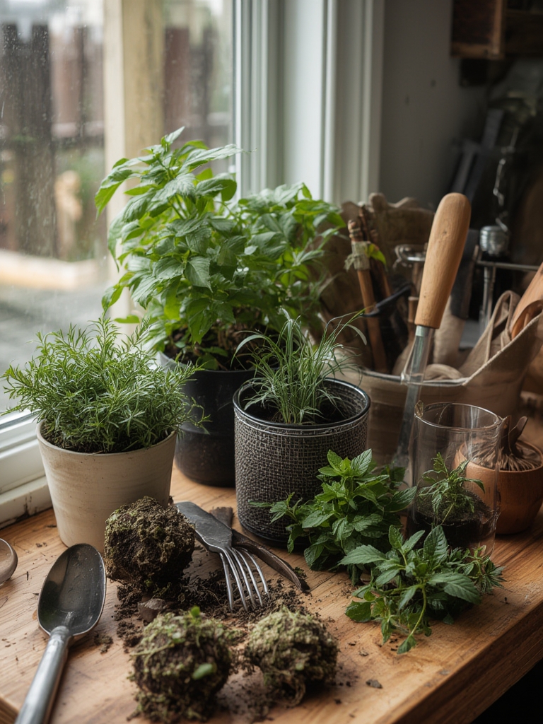 Indoor herb garden setup with various herbs in pots on a sunny windowsill. Indoor herb garden setup with various herbs in pots on a sunny windowsill.